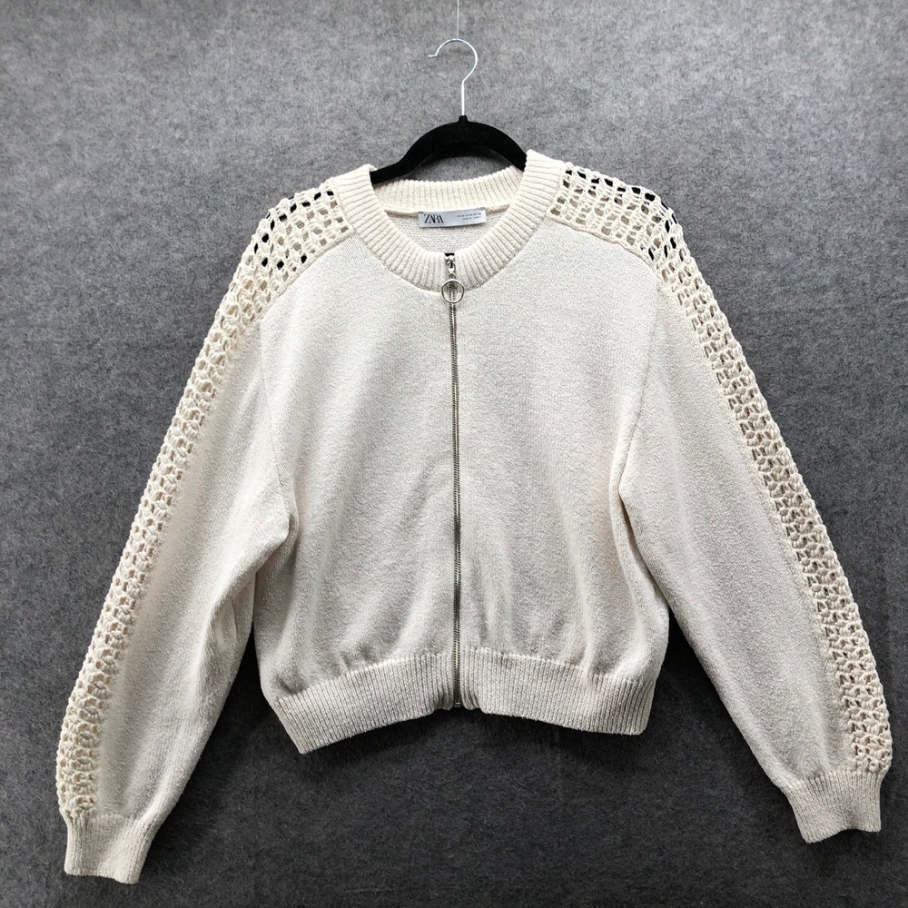 Zara Crochet Sleeve Zip Up Sweater Womens M Ivory Oversized Knit Jacket